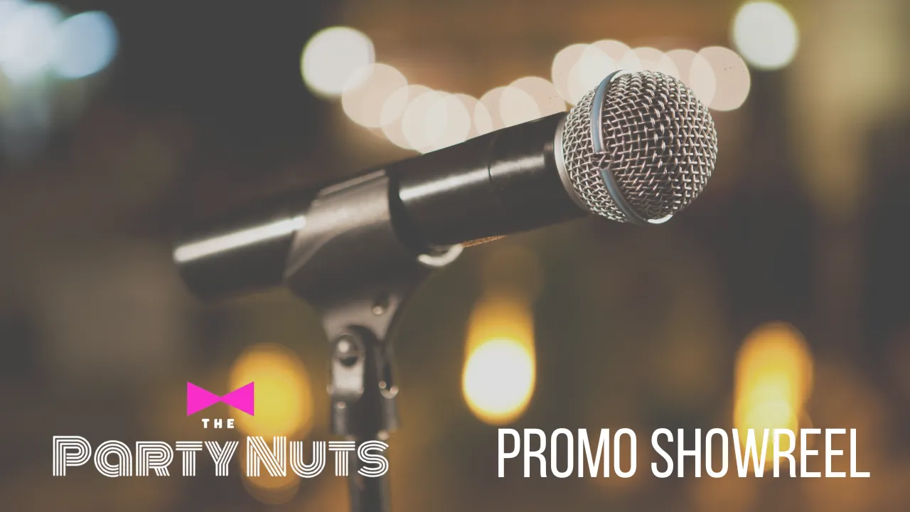 Close-up of a microphone with blurred lights in the background and text reading 'The Party Nuts Promo Showreel'.