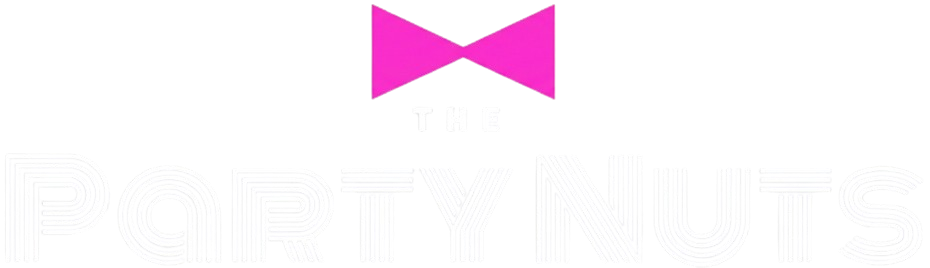 Logo with a pink bow tie above the white stylized text 'THE PARTY NUTS' on a black background.