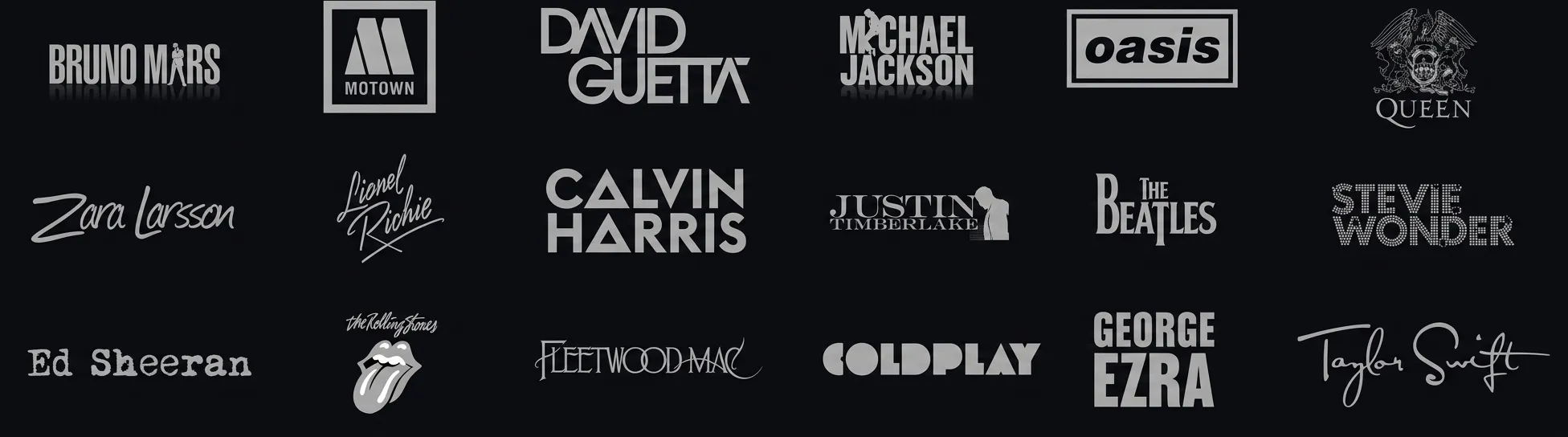 Grid of monochrome logos of various famous music artists and bands including Bruno Mars, Motown, David Guetta, Michael Jackson, Oasis, Queen, Zara Larsson, Lionel Richie, Calvin Harris, Justin Timberlake, The Beatles, Stevie Wonder, Ed Sheeran, The Rolling Stones, Fleetwood Mac, Coldplay, George Ezra, and Taylor Swift.